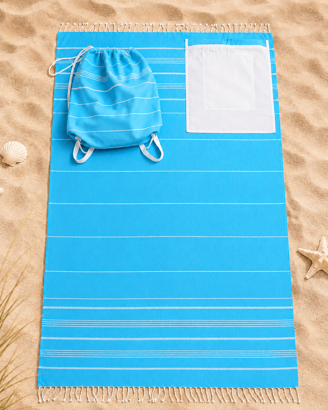 The Denizli Peshtemal Backpack Towel Aqua Blue