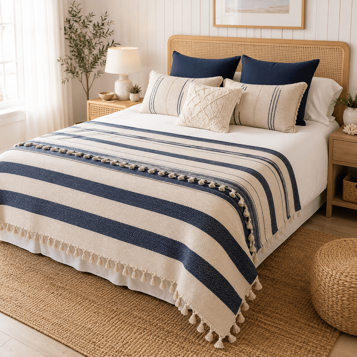 The Riviera Stripe Cotton Blanket Navy