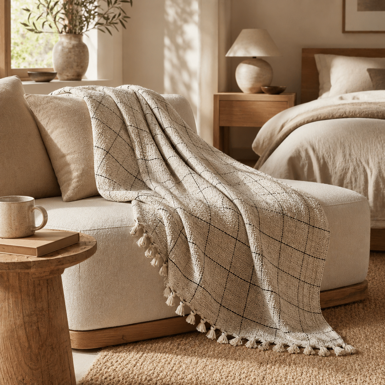 The Verona Grid Blanket & Bed Throw Sandstone