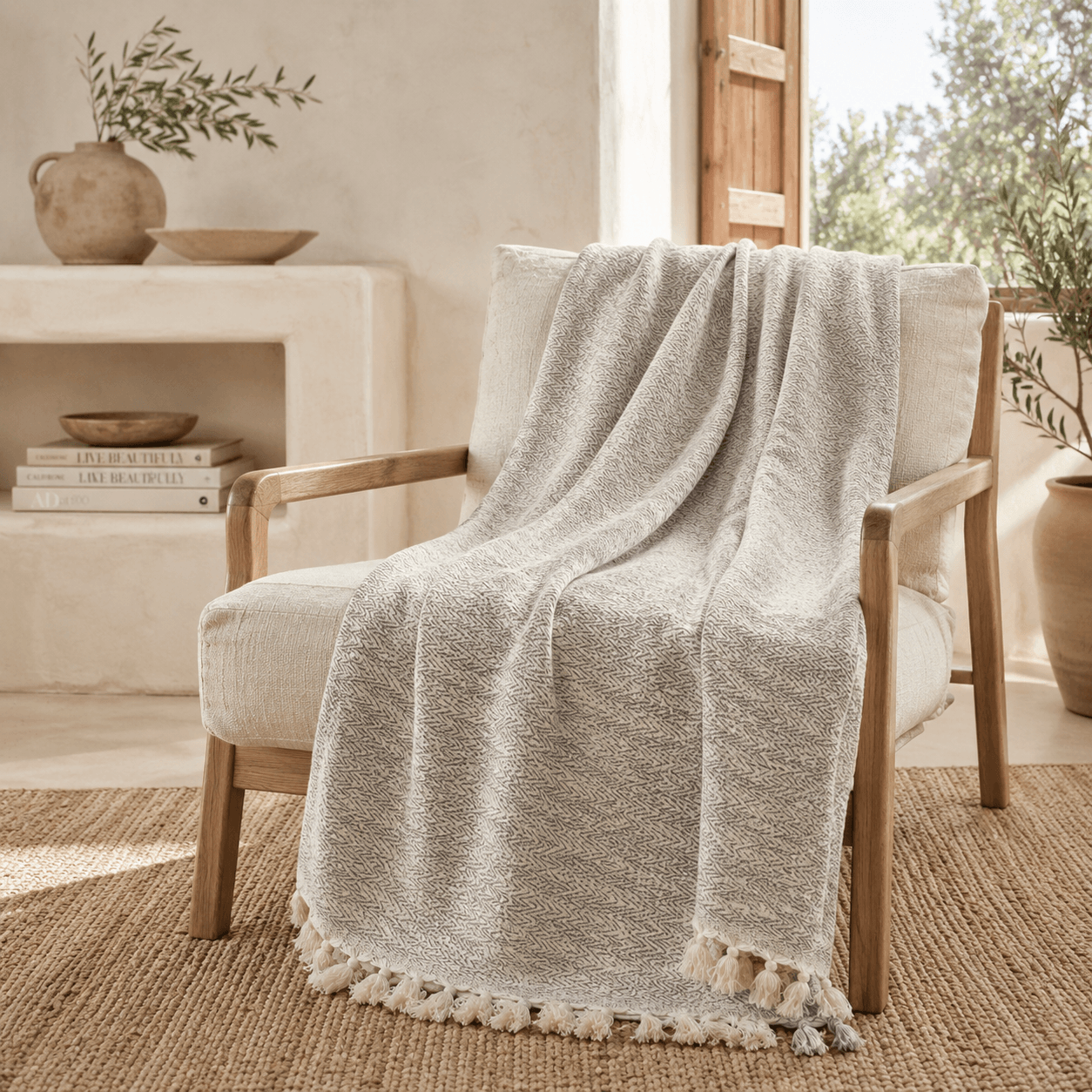 The Herringbone Cotton Bed Throw Ice Grey