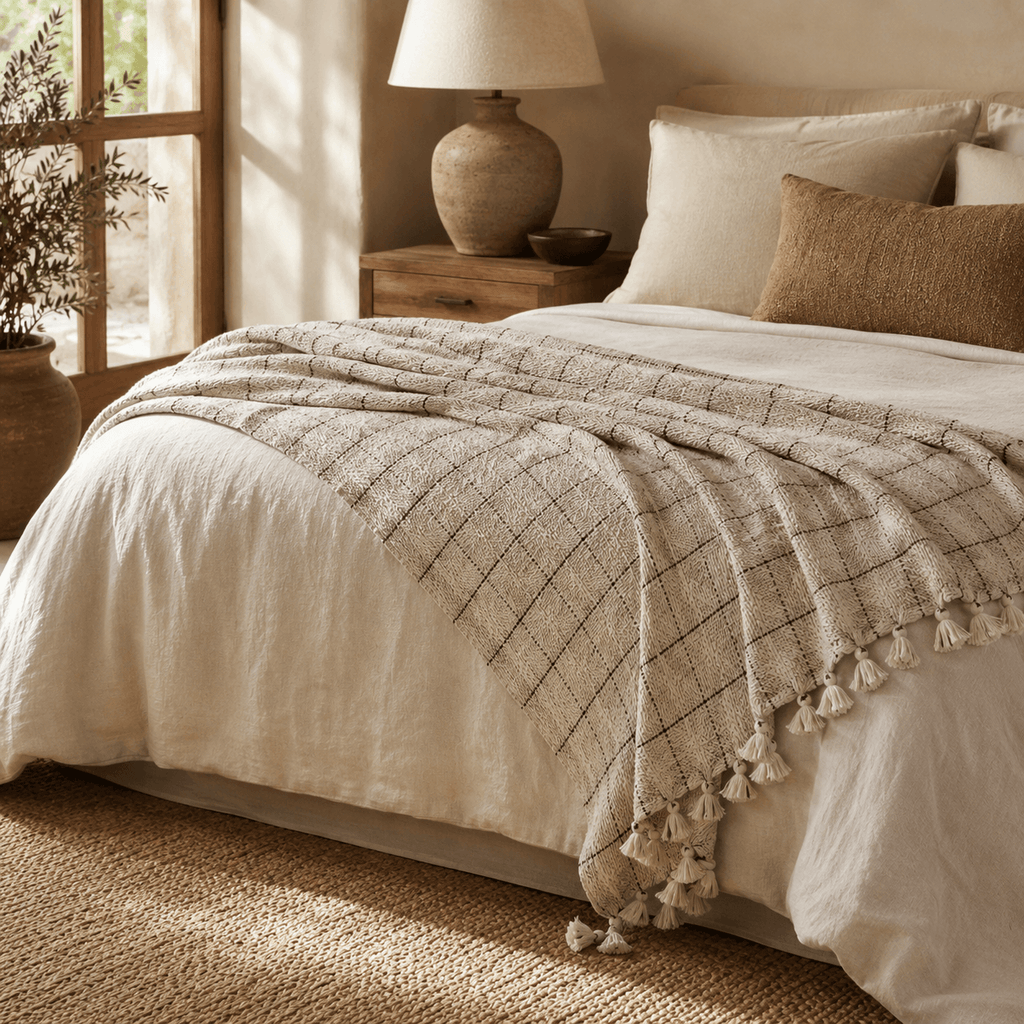 The Verona Grid Blanket & Bed Throw Sandstone