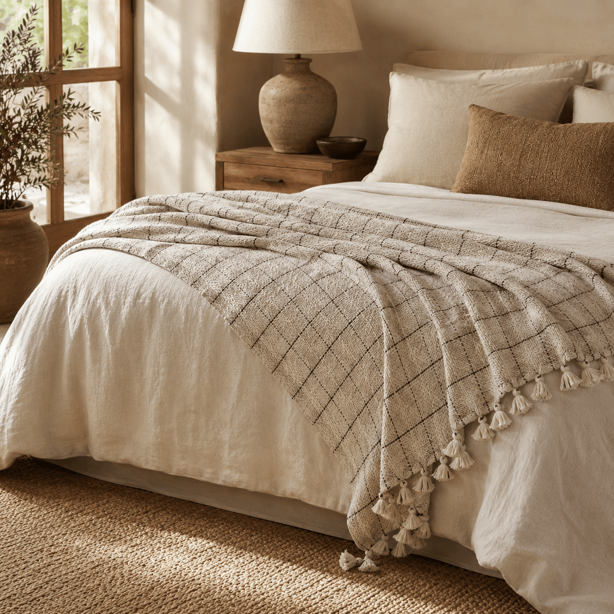 The Verona Grid Blanket & Bed Throw Sandstone