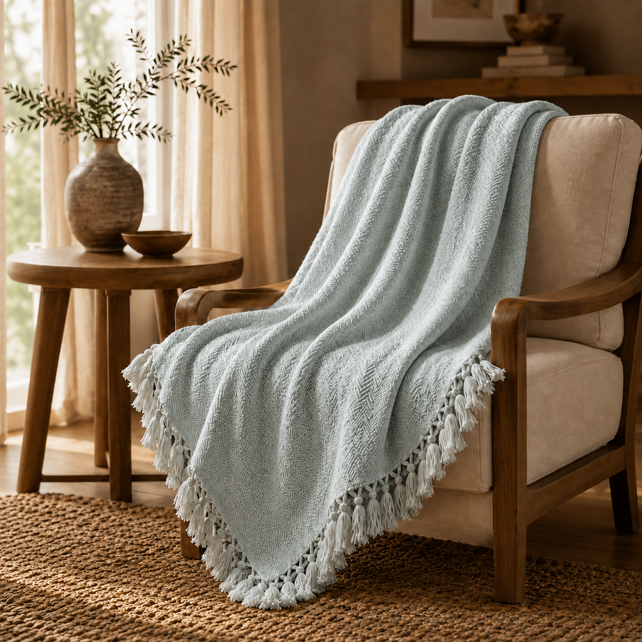 The Avena Cotton Bed Throw Mist Blue