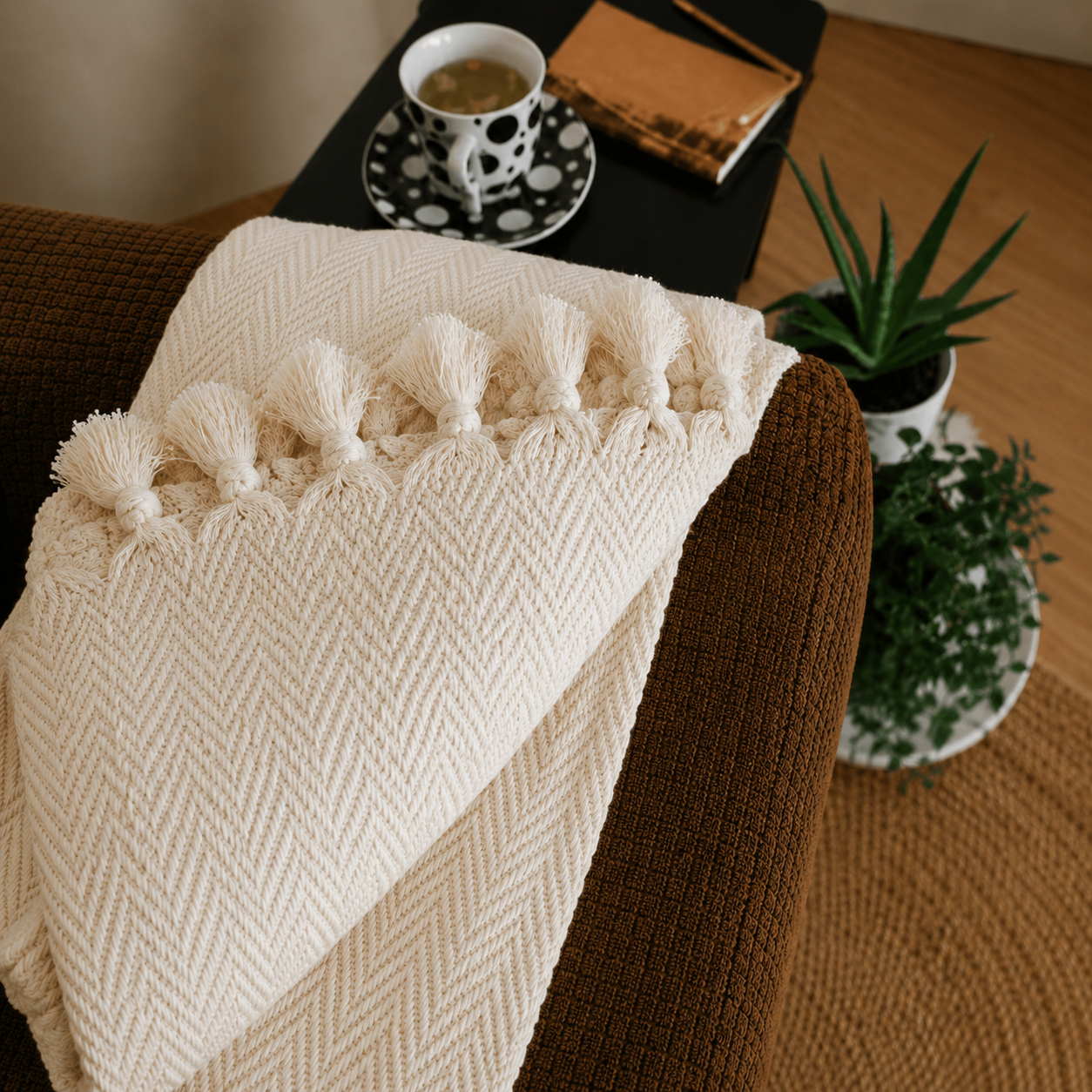 The Avena Cotton Bed Throw Ivory Cream