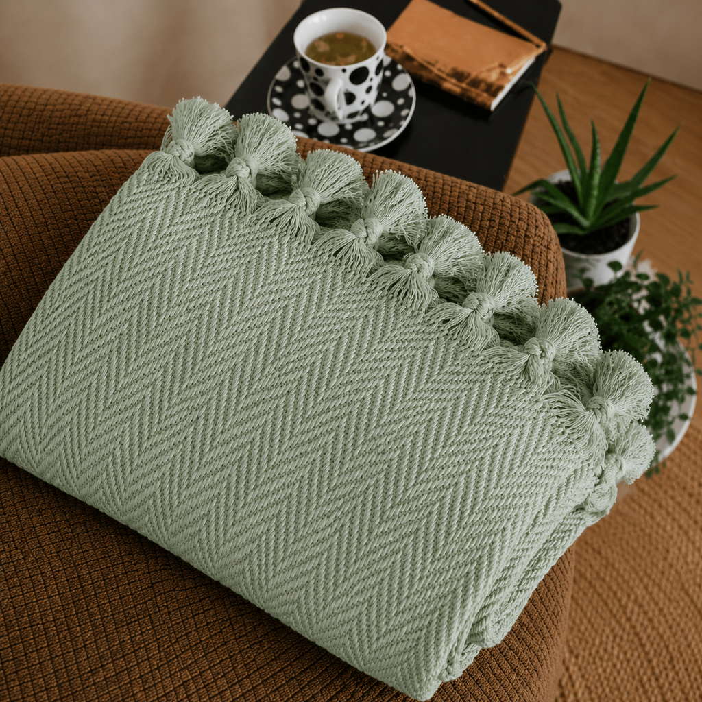 The Avena Cotton Bed Throw Sage Green