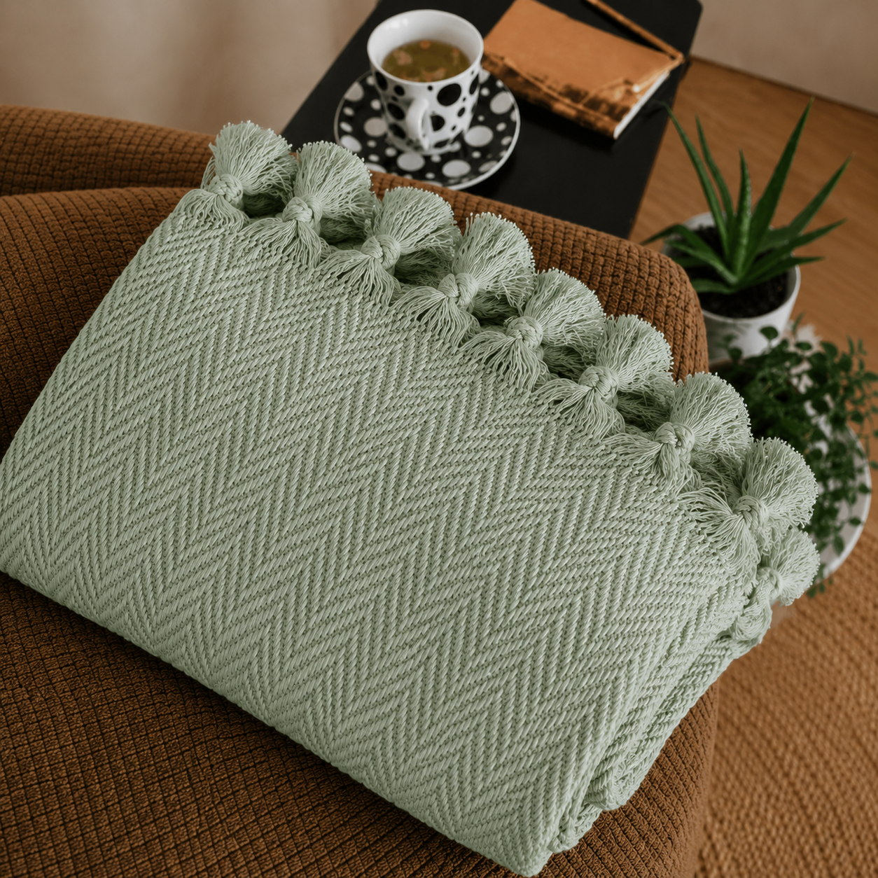 The Avena Cotton Bed Throw Sage Green