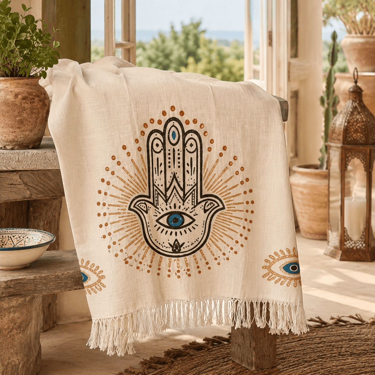 The Denizli Bohemian Muslin Towel  Hamsa Aura