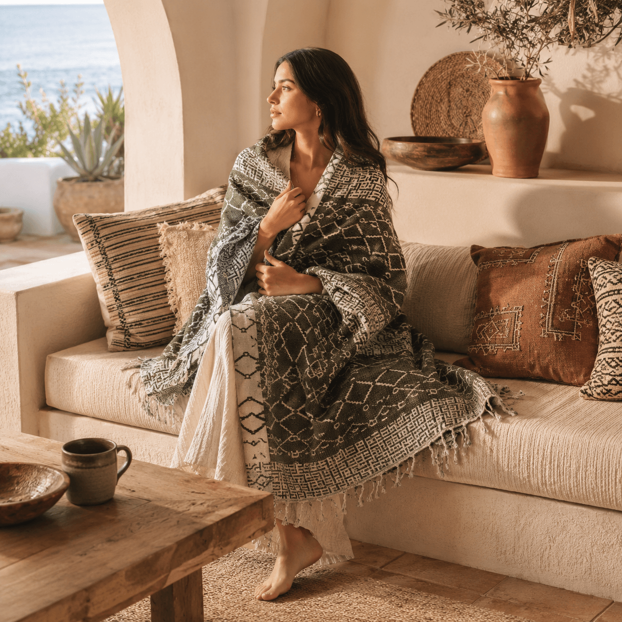 Sardis Olive Jacquared OEKO-TEX® Certified Bed Throw