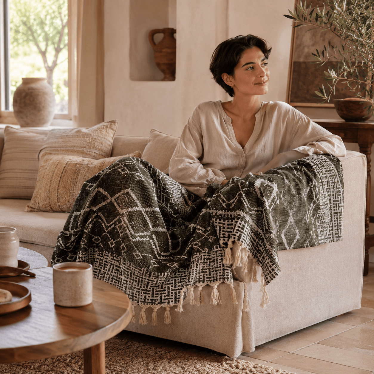 Sardis Olive Jacquared OEKO-TEX® Certified Bed Throw