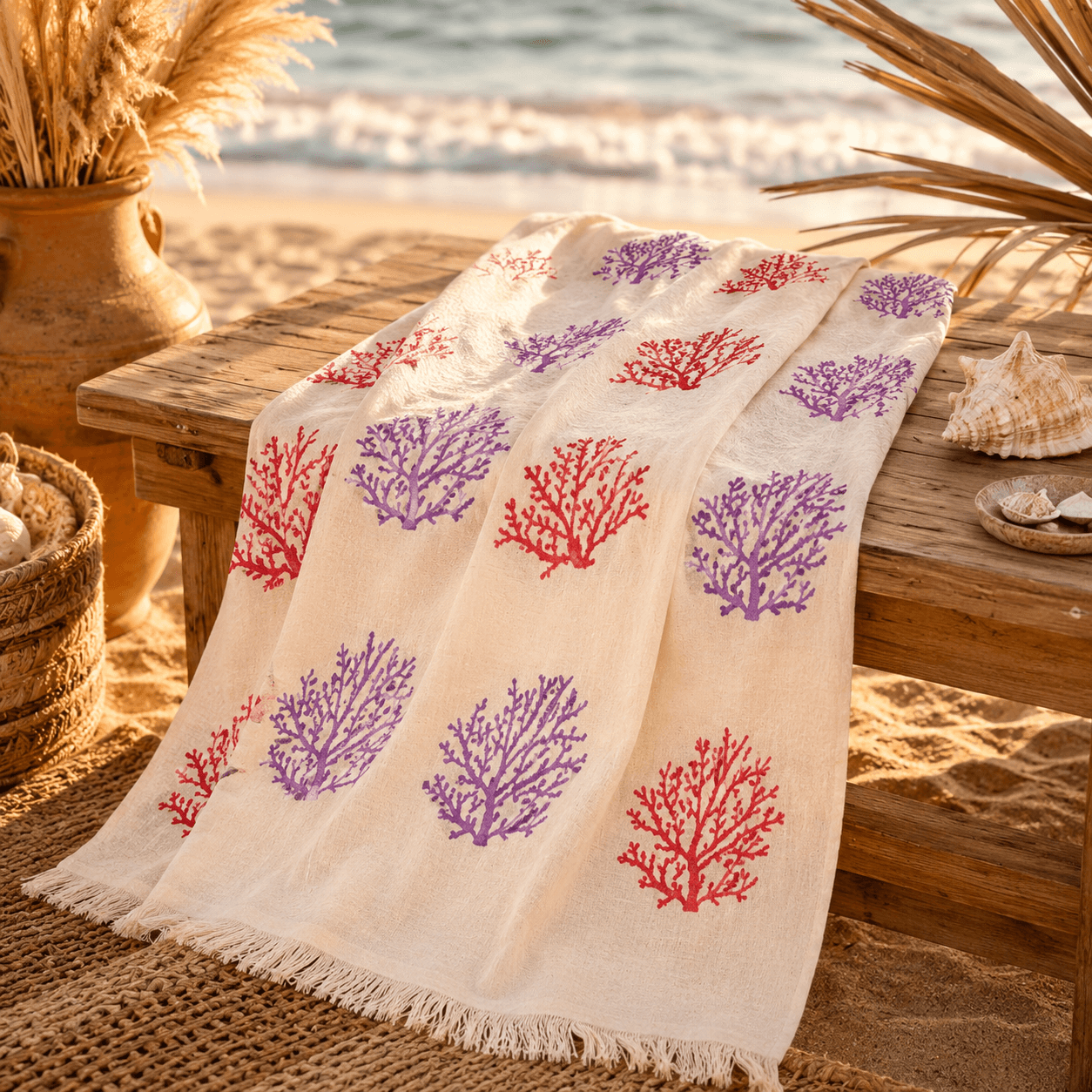 The Denizli Bohemian Muslin Towel  Coral Garden
