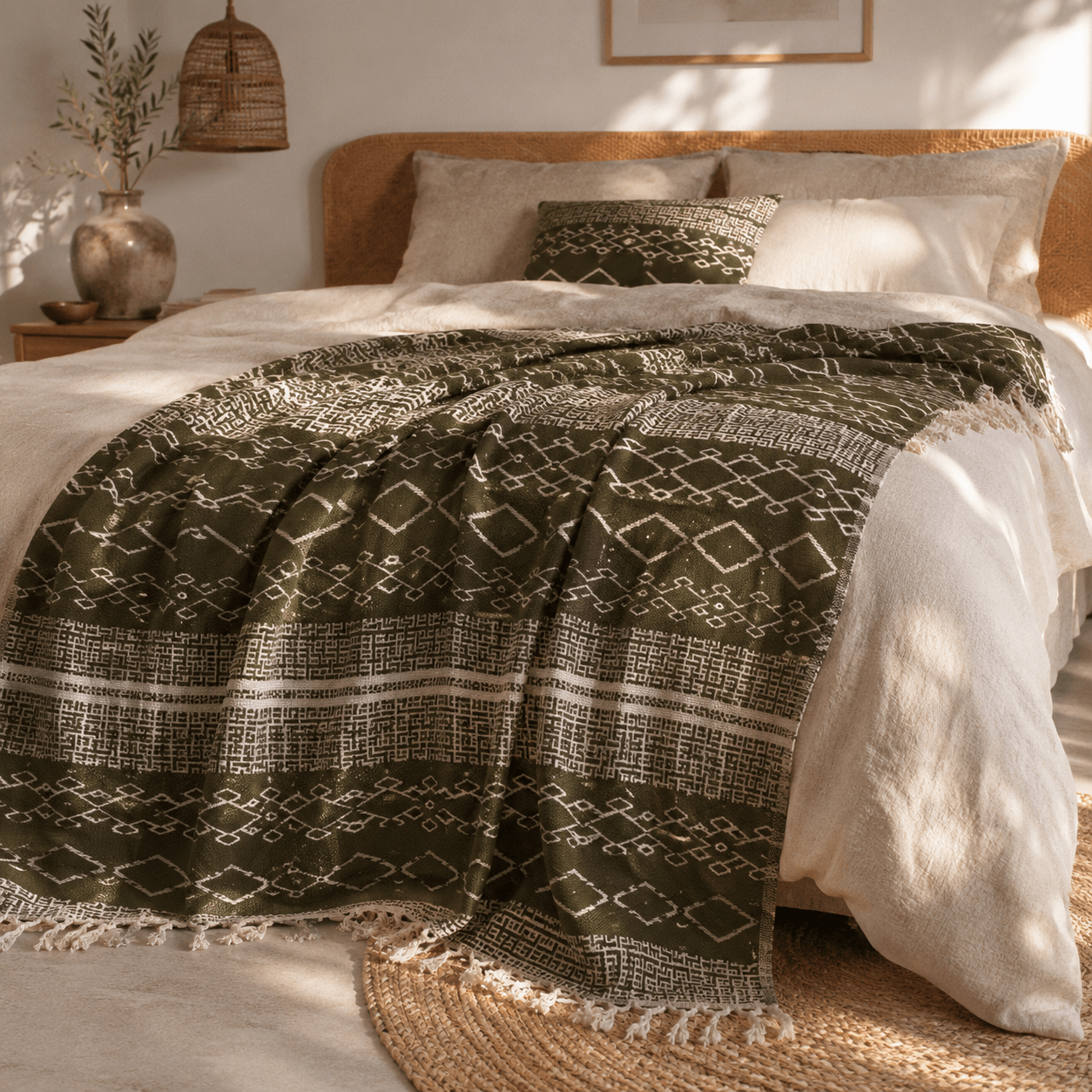 Sardis Olive Jacquared OEKO-TEX® Certified Bed Throw