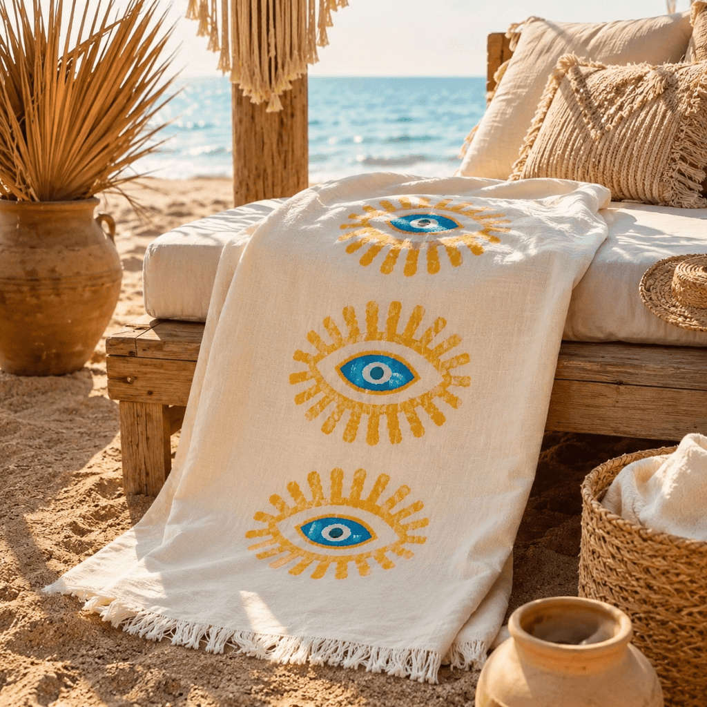 The Denizli Bohemian Muslin Beach Towel  Sun Eye