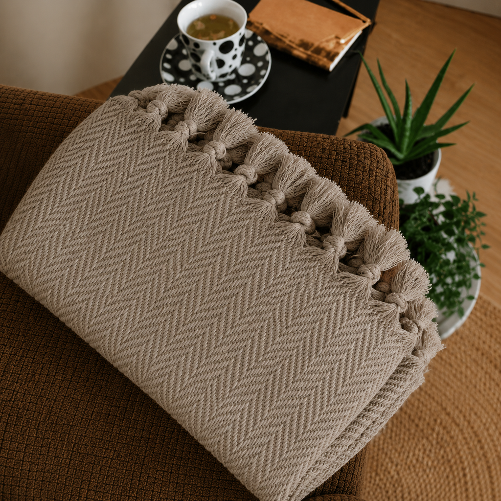 The Avena Cotton Bed Throw Stone Taupe