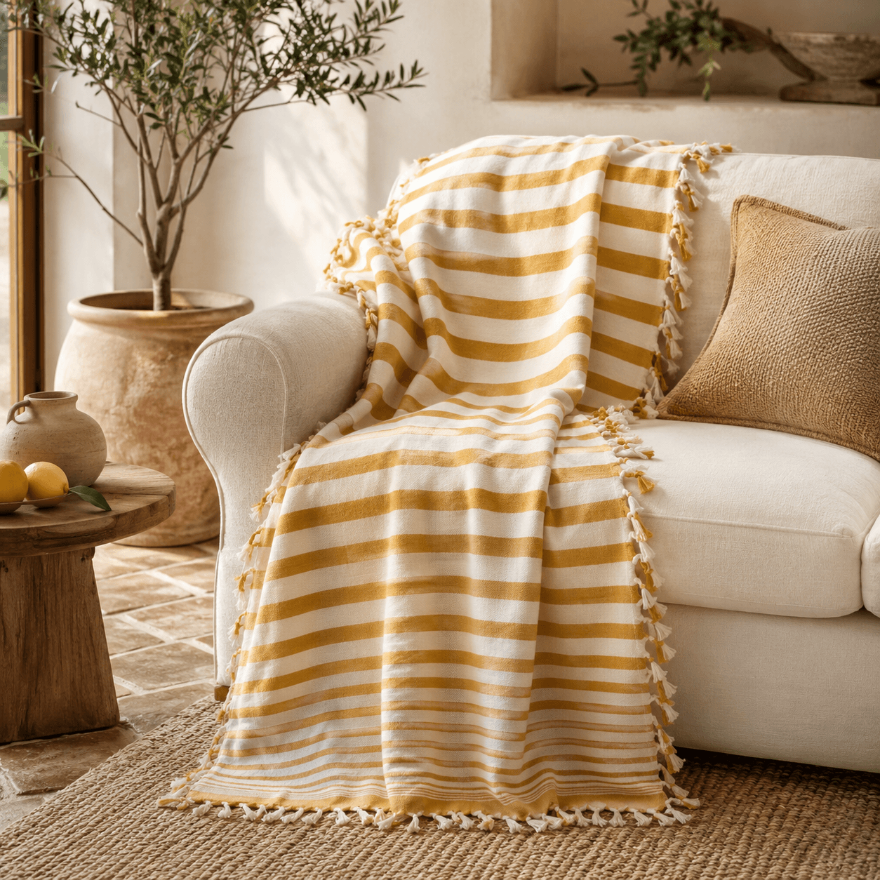 The Riviera Stripe Cotton Blanket & Bed Throw Mustard