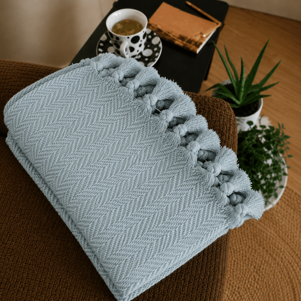 The Avena Cotton Bed Throw Mist Blue