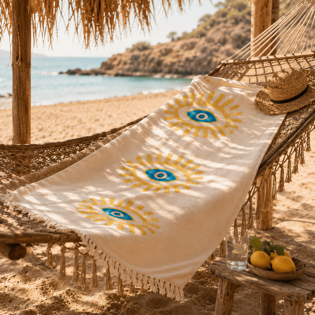 The Denizli Bohemian Muslin Beach Towel  Sun Eye