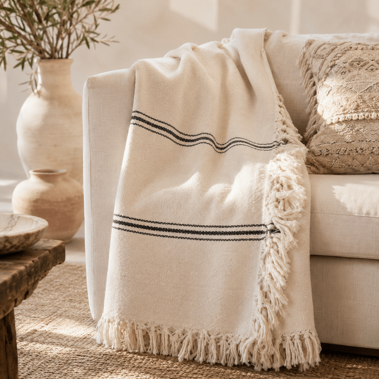 The Quiet Stripe Cotton Blanket White